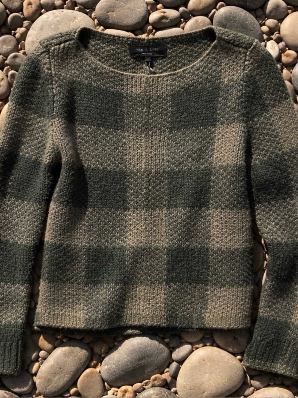 rag & bone Olive and Charcoal Cropped Plaid Crewneck Sweater Sz XS